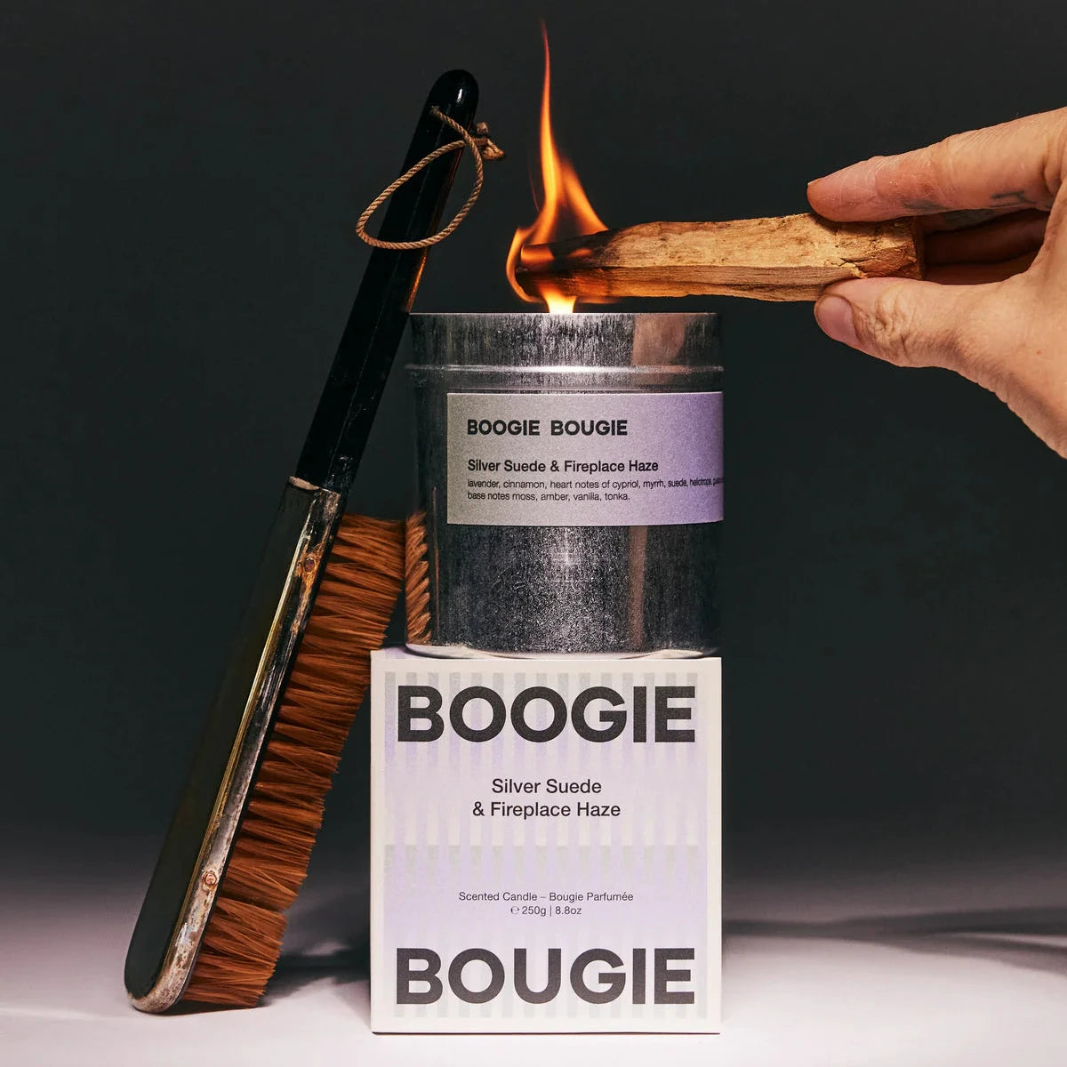 Boogie Bougie – Silver Suede & Fireplace Haze 250g