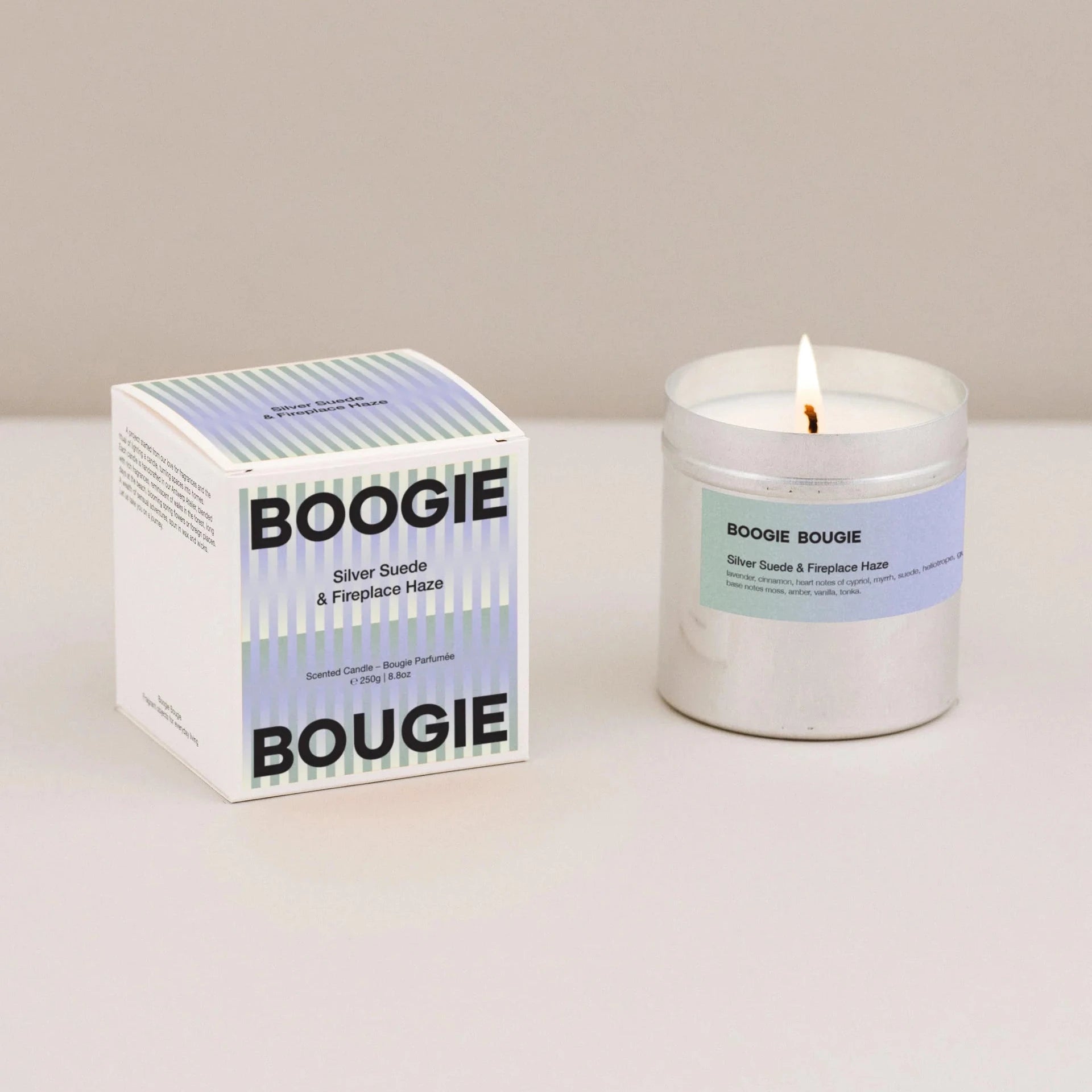 Boogie Bougie – Silver Suede & Fireplace Haze 250g